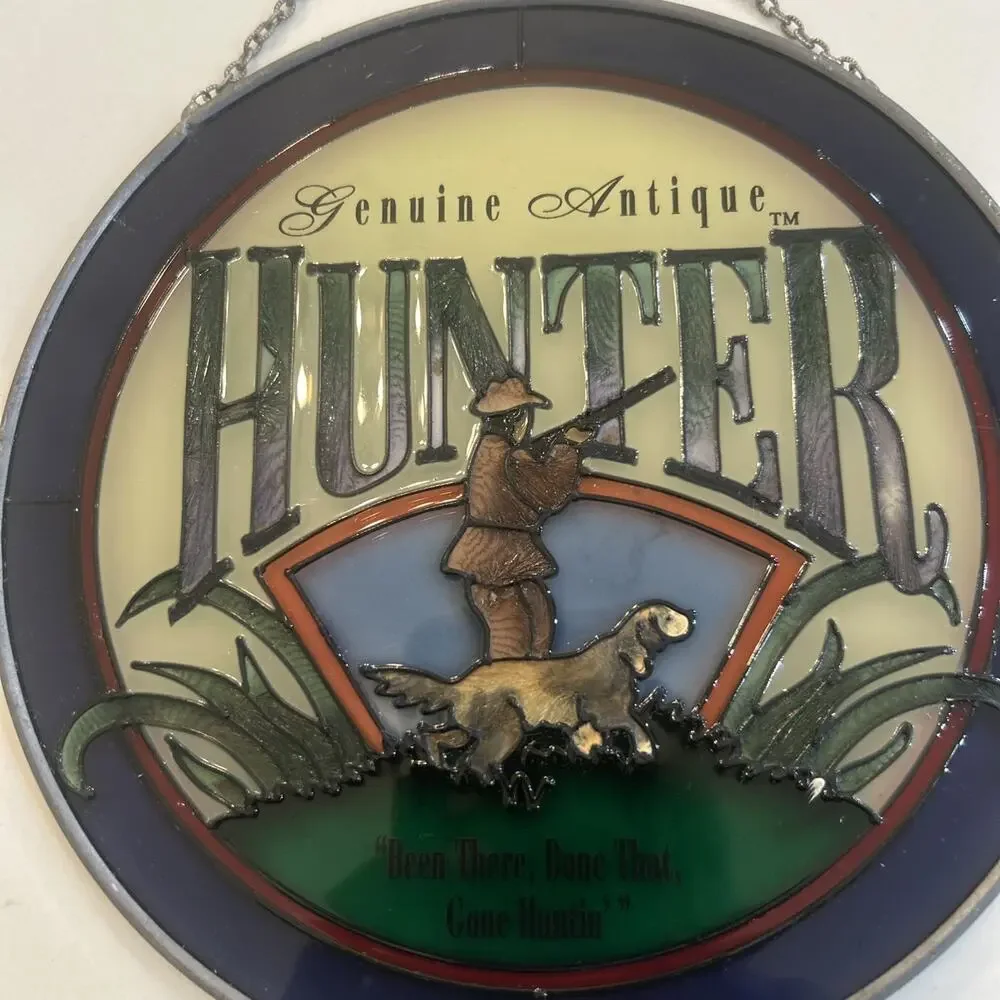 GENUINE ANTIQUE HUNTER Stained Glass Round Wall Hanger‎ Artist ANDE ROONEY